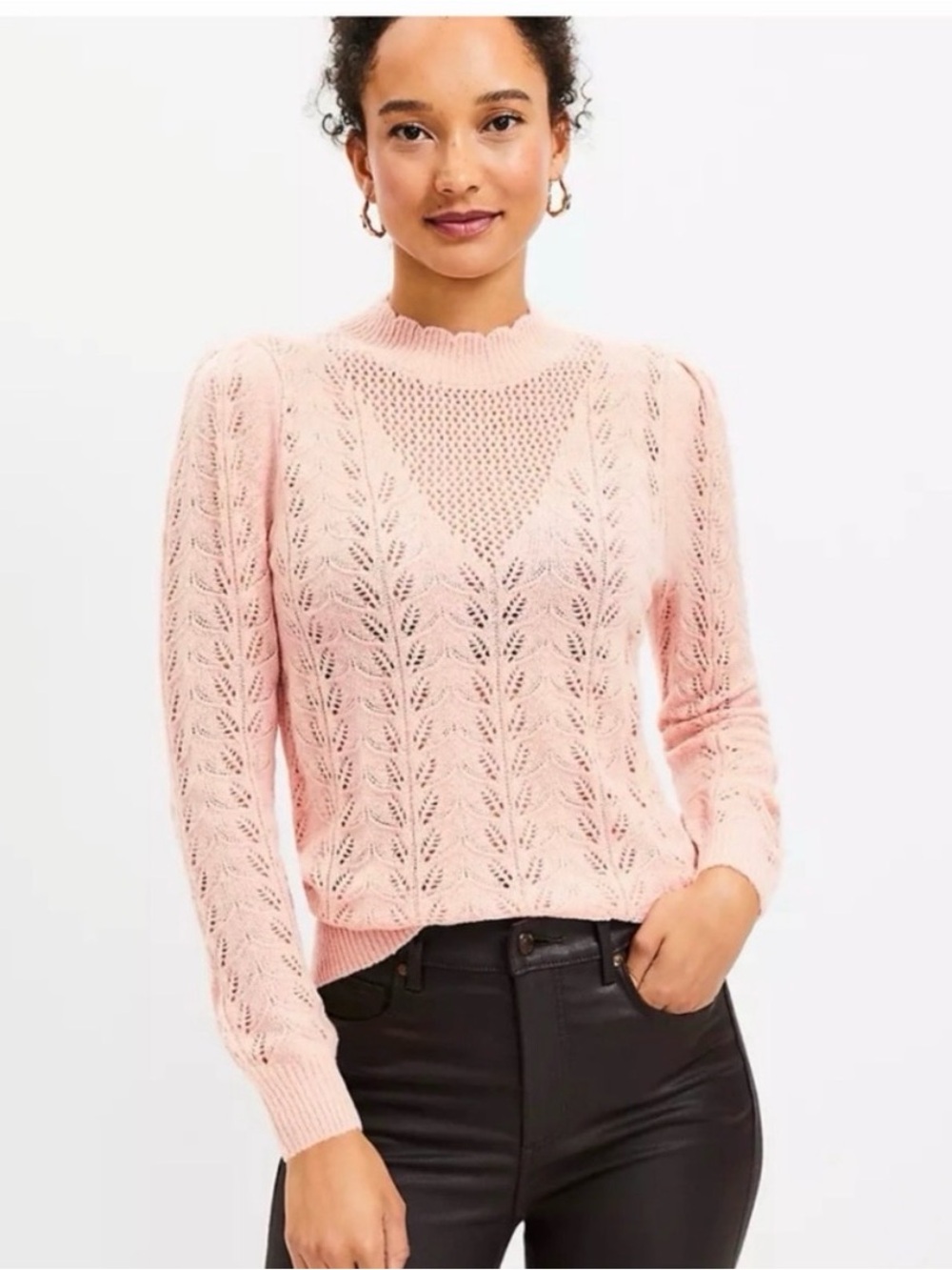 LOFT Pink Pointelle Mock Neck Puff Sleeve Sweater Size Medium EUC
